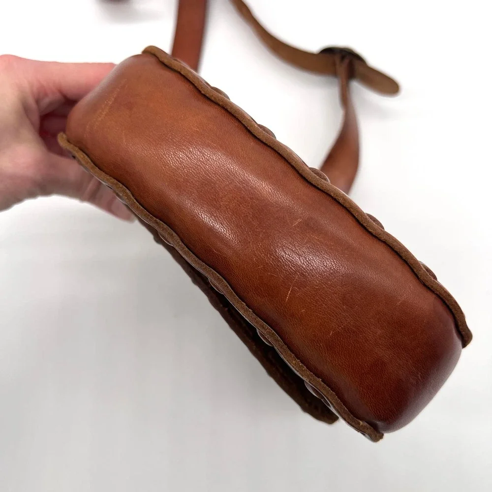 VINTAGE Leather Crossbody Bag Womens Small Brown Handmade Studs Jewels Stitched - Picture 6 of 12